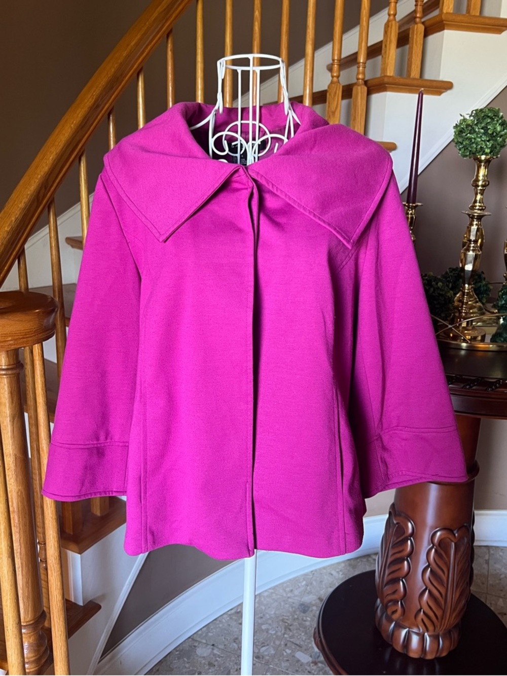 Sandro Sportswear Fuschia 3/4 Sleeve Collar Pea Coat Jacket Pockets Spring Sz L